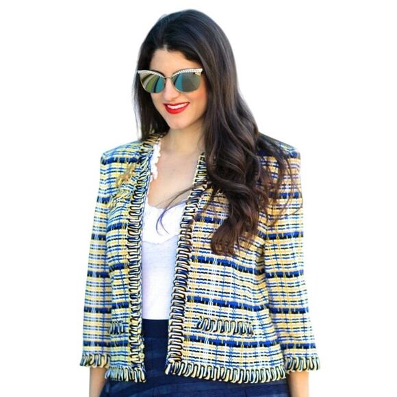 St. John Collection by Marie Gray Vintage Yellow Blue Knit Jacket Womens 4 - Picture 1 of 7